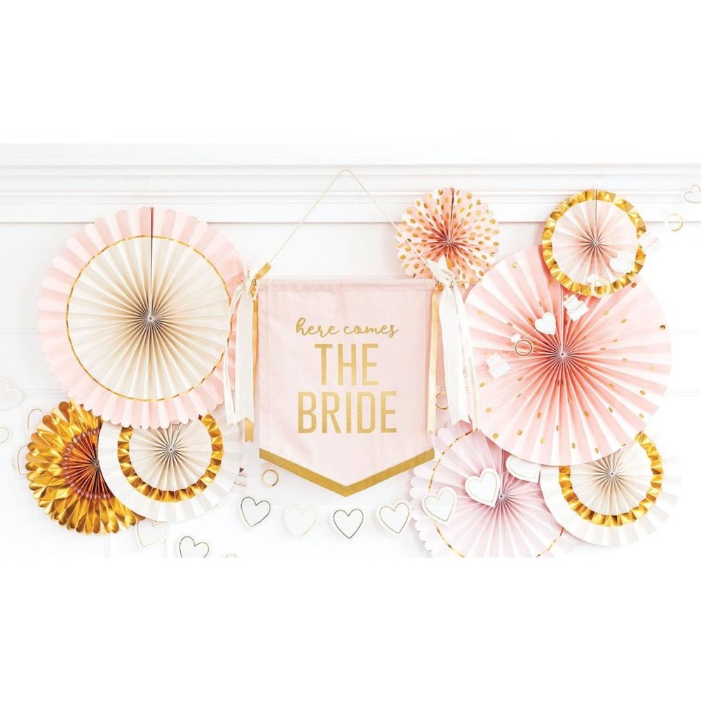 Here Comes the Bride Pink and Gold Banner Flag